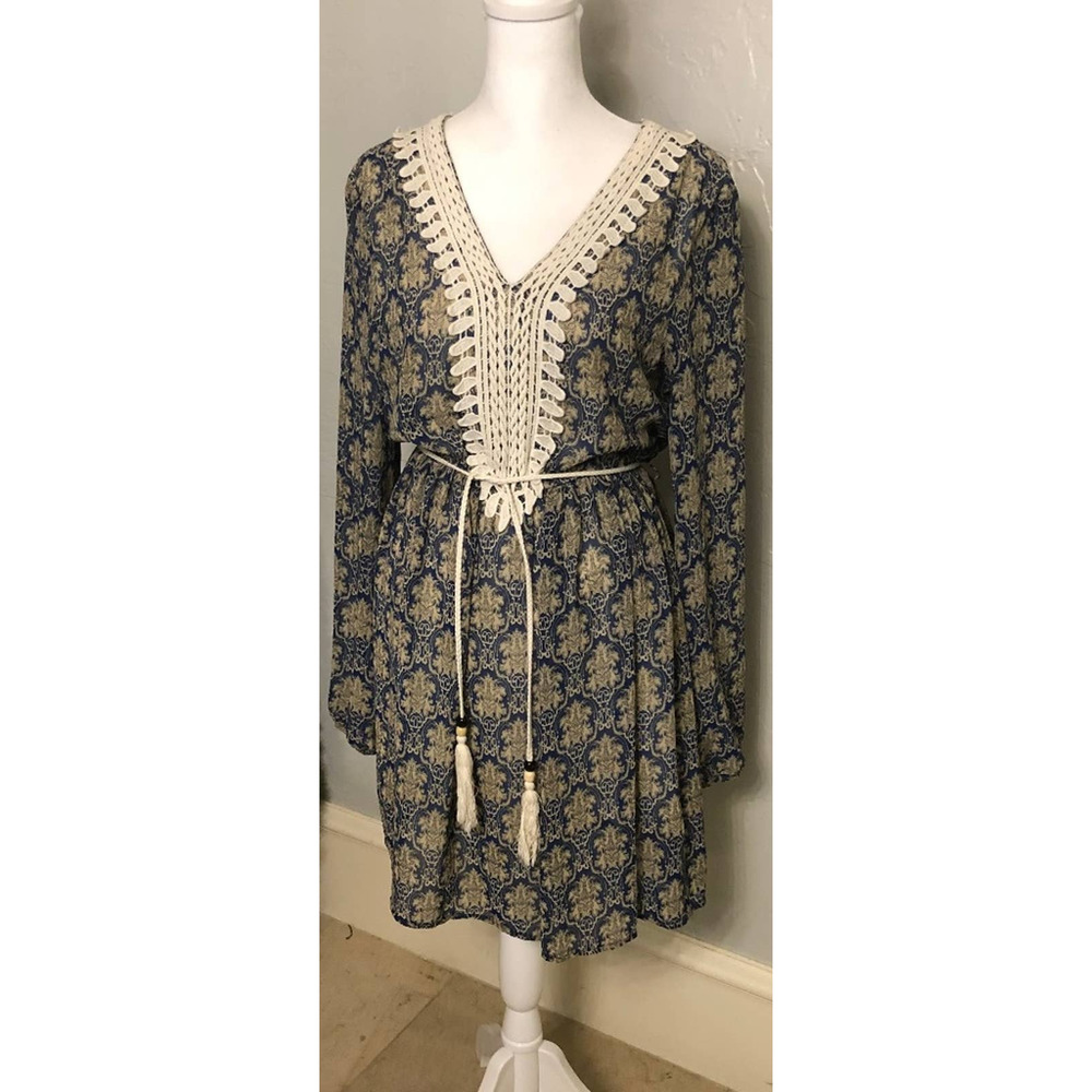 Long Sleeve Blue and Ivory Chiffon Boho Dress